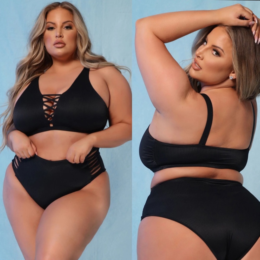 NEW Coastal Waves Caged High Waist Halter Plus Size Bikini Swim Set Black NWT 3X